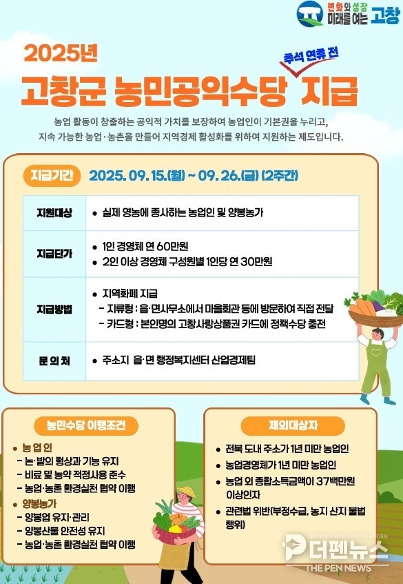 고창군이 추석 명절을 앞두고 ‘농민 공익수당’ 지급 일정을 알리는 홍보 이미지를 제작해 군민들에게 안내하고 있다.