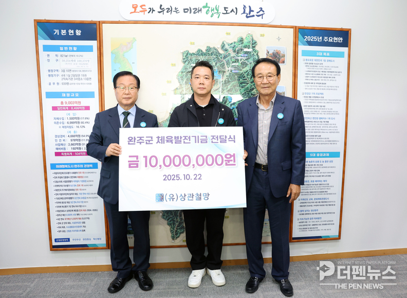 홍선태 상관철망 대표가 완주군체육회에 체육발전기금을 전달하고 기념촬영하는 모습
