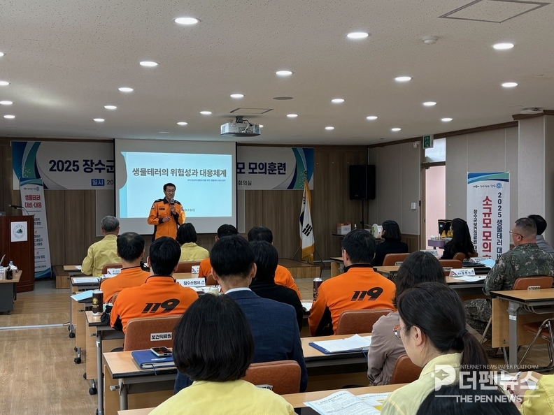 장수군보건의료원에서 열린 ‘생물테러 대응 합동 모의훈련’에 참가자들이 개인보호복 착·탈의 실습을 진행하고 있다.
