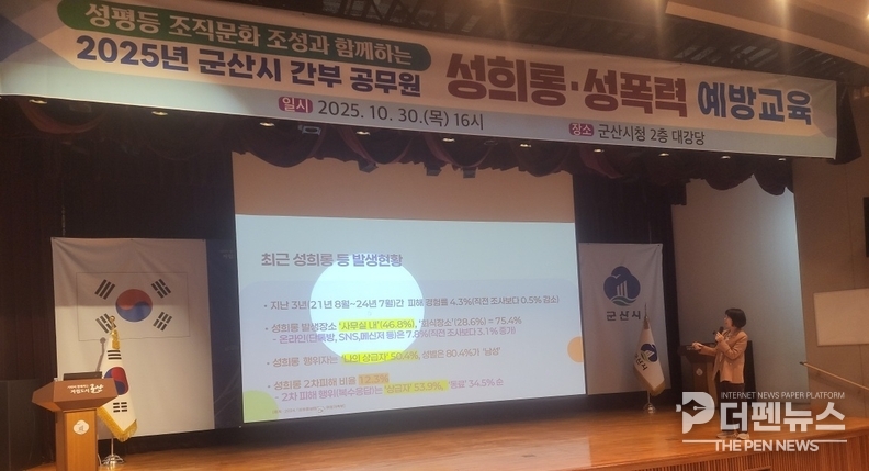 군산시가 시청 대강당에서 간부 공무원 90명을 대상으로 성희롱·성폭력 예방교육을 실시하고 있다. 이번 교육은 관리자들의 성인지 감수성 제고와 책임 강화에 중점을 두고 진행됐다.
