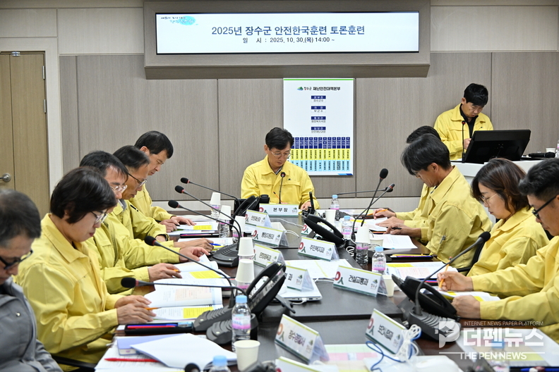 장수군청 재난안전상황실에서 열린 ‘2025년 재난대응 안전한국훈련’에서 관계 기관들이 가스폭발·싱크홀 복합재난 대응 모의훈련을 진행하고 있다.